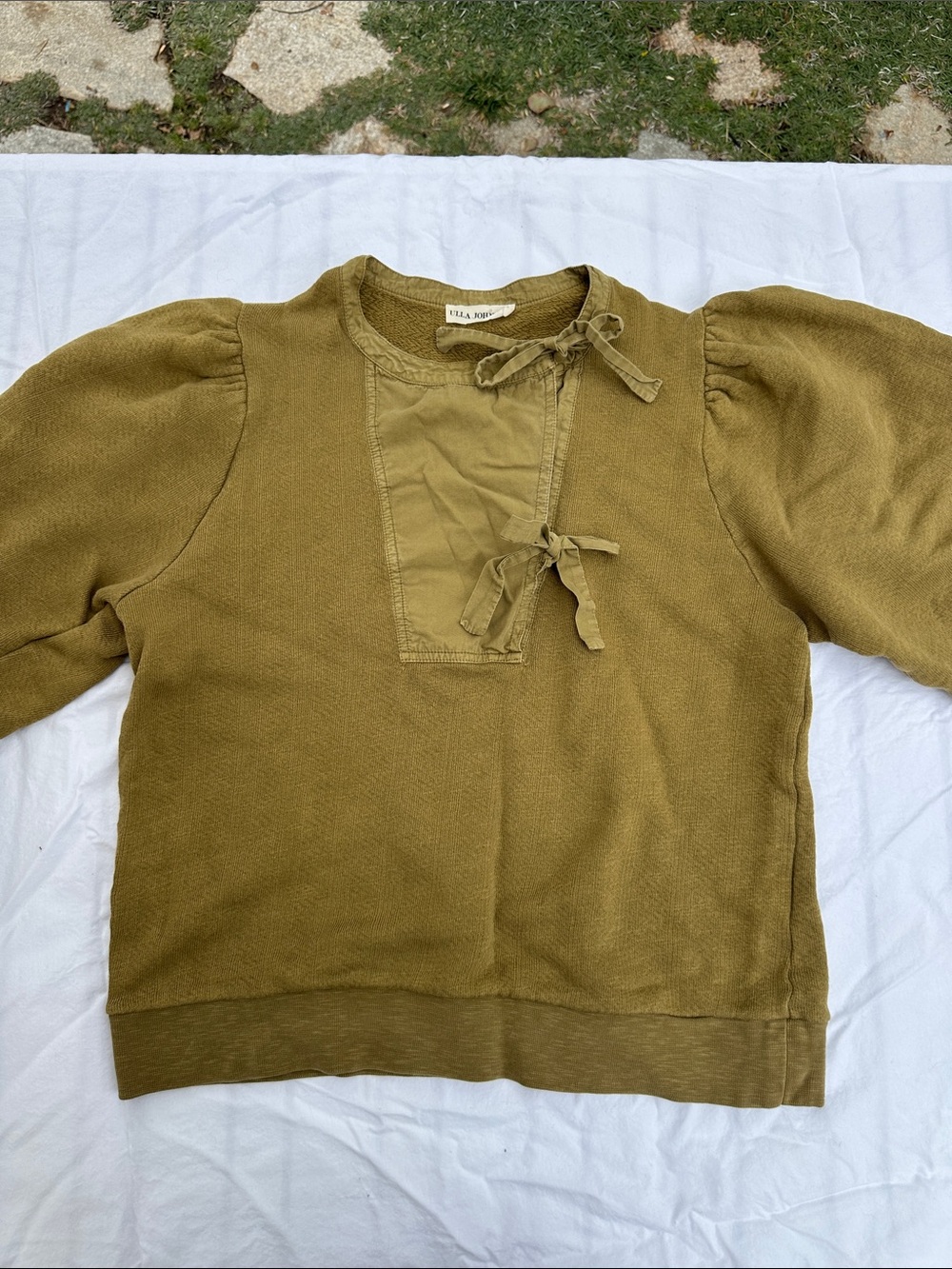 Ulla Johnson Olive Green Tie-Front Sweatshirt with Puff Sleeve